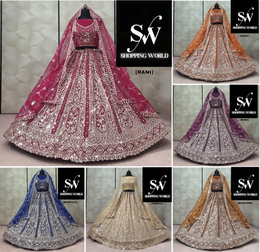 Rani Pink Rust Orange Wine Mustard Chiku Golden Morpich Blue Lehenga