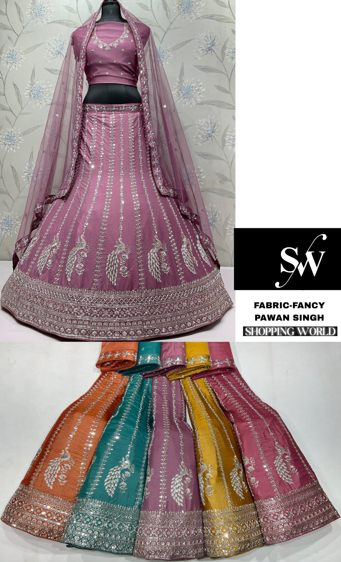 Pink Green Mustard Rust orange Peacock Lehenga