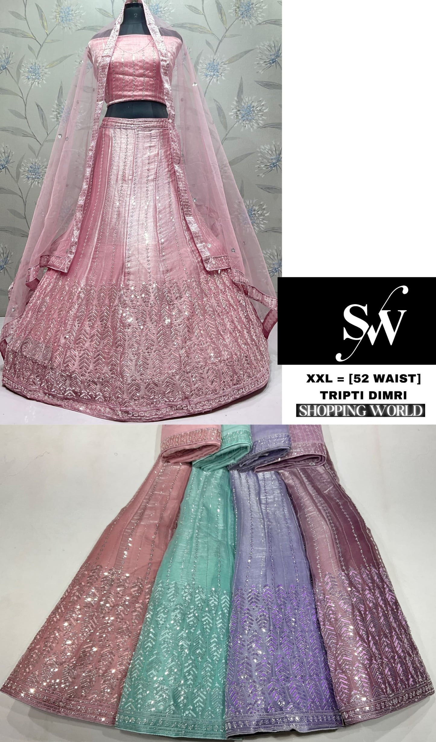 Pink Green Lavender Lehenga