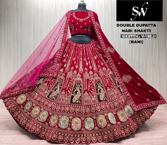 Rani pink Peacock Double Dupatta Bridal Lehenga