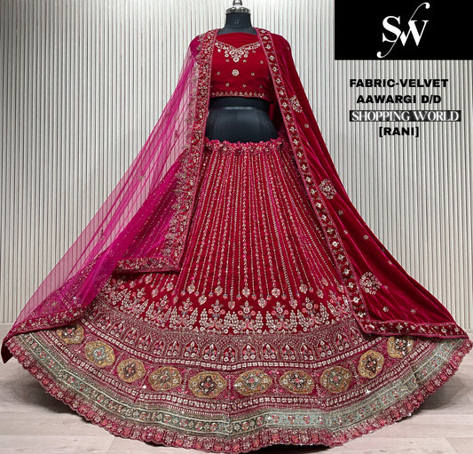 Rani pink Peacock Velvet Bridal Lehenga