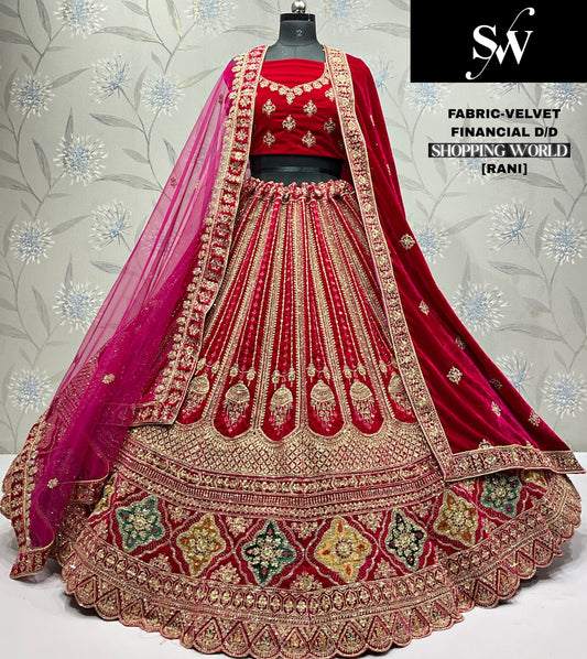 Rani pink Velvet Bridal Lehenga