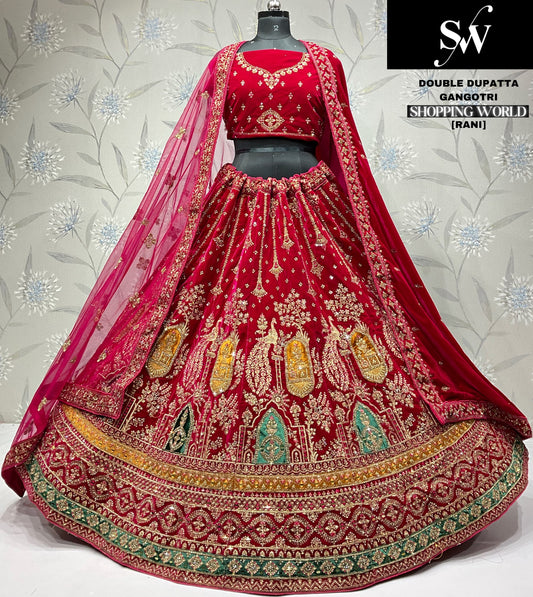 Rani pink Peacock Double Dupatta Bridal Lehenga