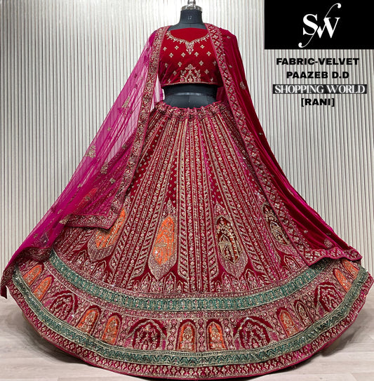 Rani pink Velvet Bridal Lehenga