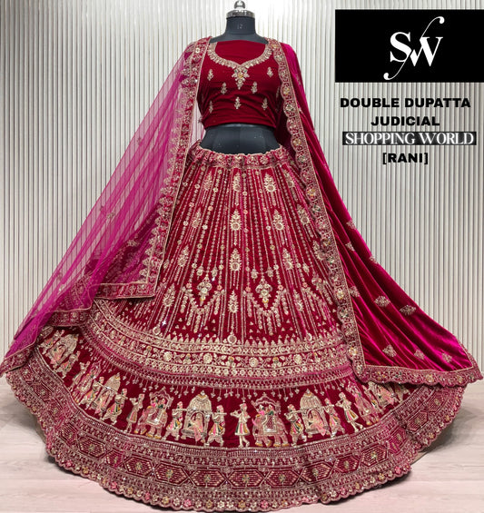 Rani pink Double Dupatta Doli Barat Bridal Lehenga
