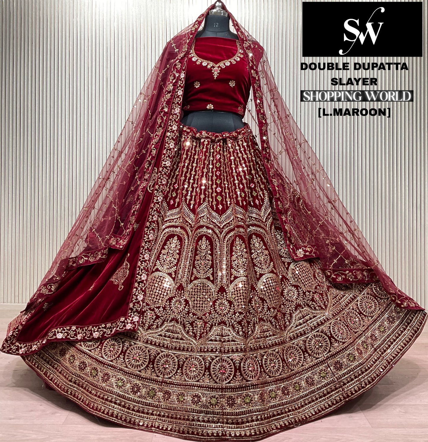 Dark Maroon Double Dupatta Bridal Lehenga