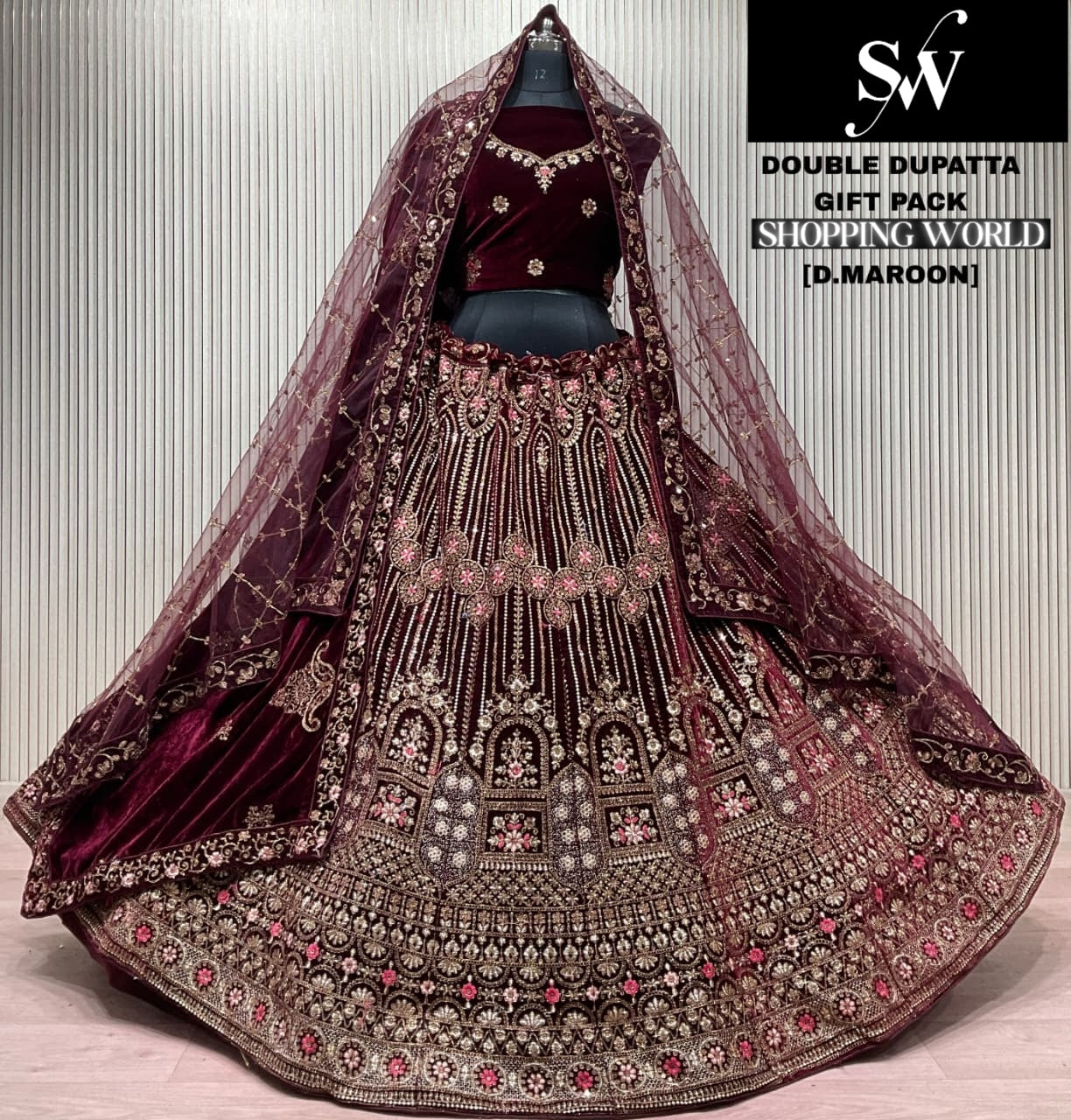 Dark Maroon Double Dupatta Bridal Lehenga