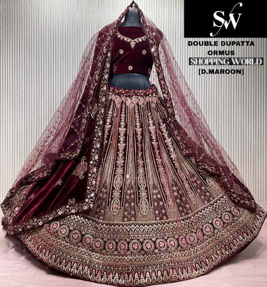 Dark Maroon Double Dupatta Bridal Lehenga