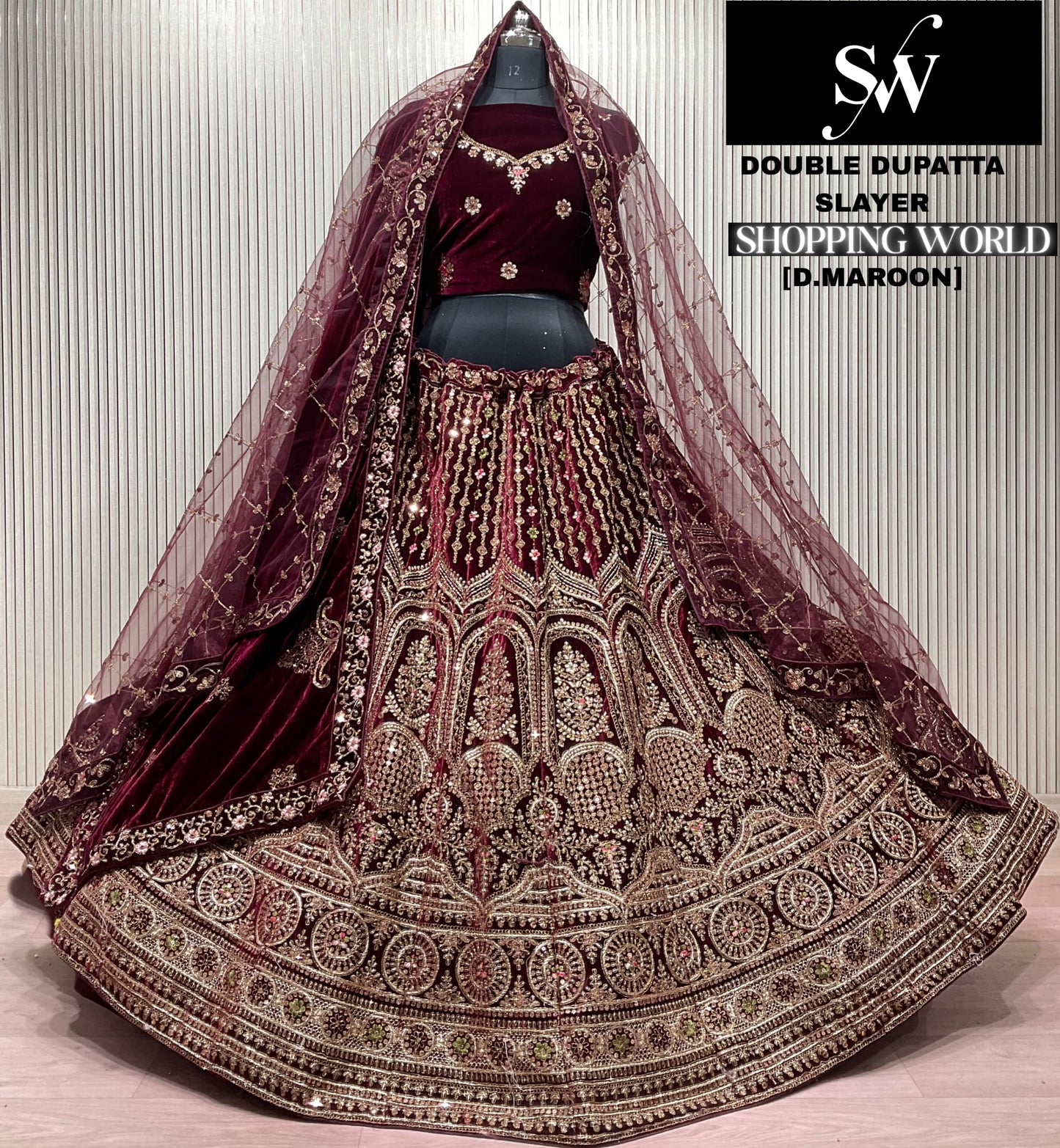 Dark Maroon Double Dupatta Bridal Lehenga