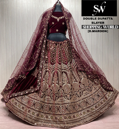 Dark Maroon Double Dupatta Bridal Lehenga