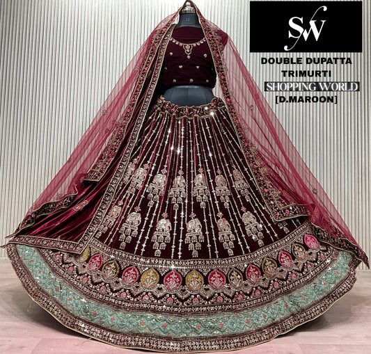 Dark Maroon Double Dupatta Bridal Lehenga