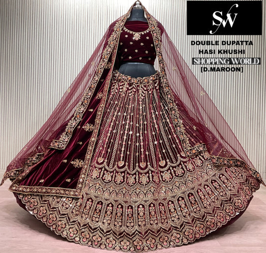 Dark Maroon Double Dupatta Bridal Lehenga