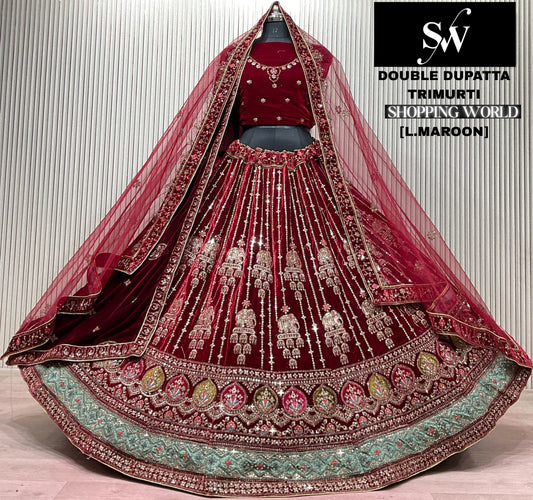 Dark Maroon Double Dupatta Bridal Lehenga