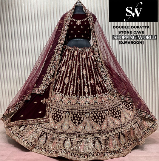 Dark Maroon peacock Double Dupatta Bridal Lehenga