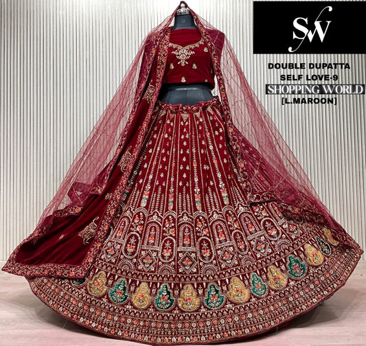 Light Maroon Double Dupatta Bridal Lehenga