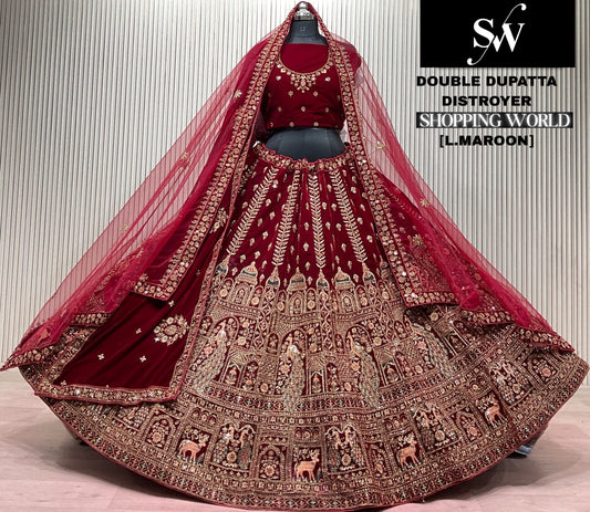 Light Maroon Peacock Double Dupatta Bridal Lehenga