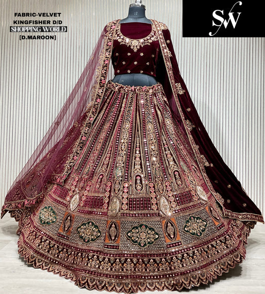 Dark Maroon Doli Barat Velvet Bridal Lehenga