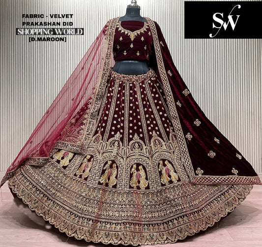 Dark Maroon Doli Barat Velvet Bridal Lehenga
