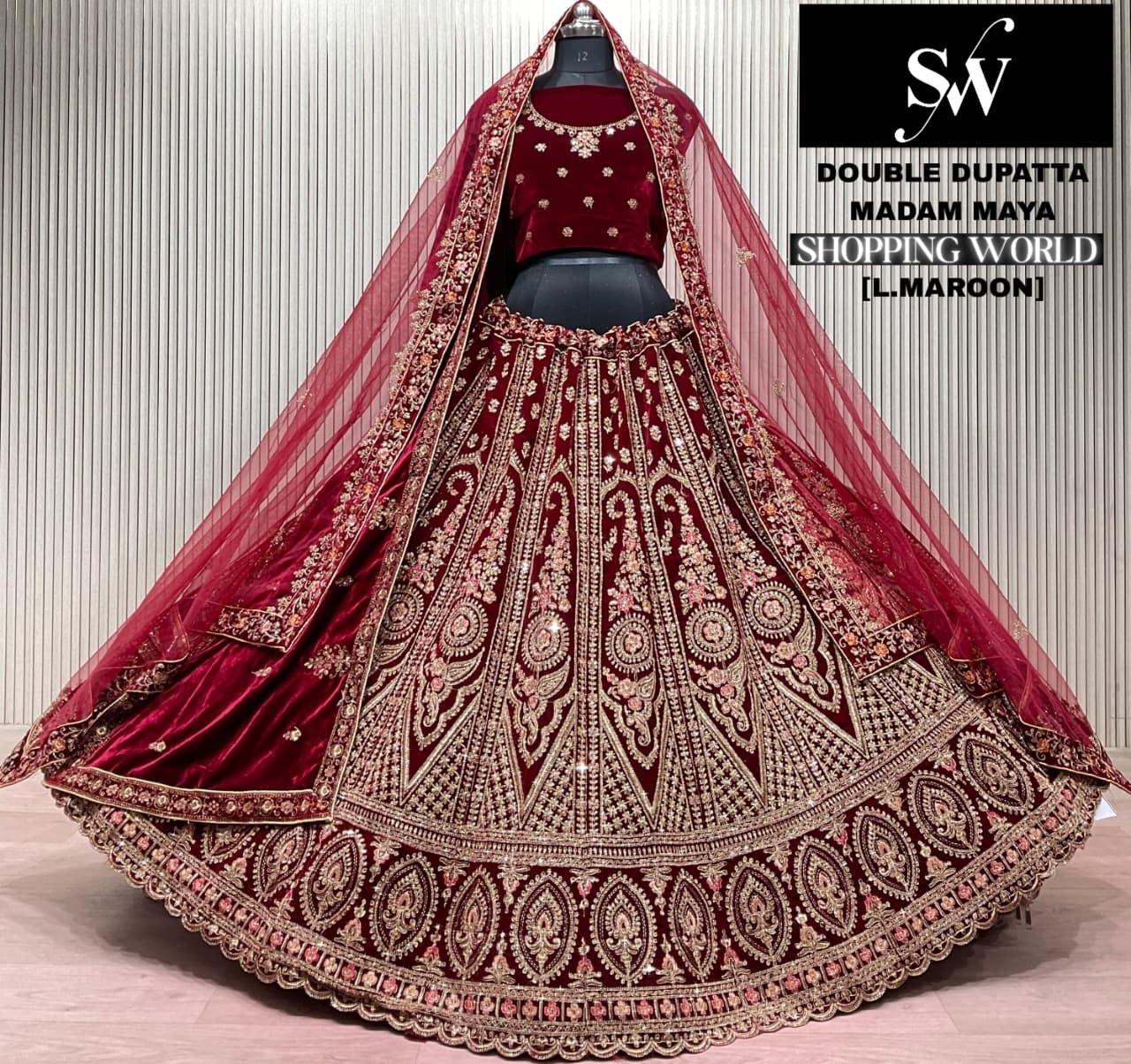 Light Maroon Double Dupatta Bridal Lehenga