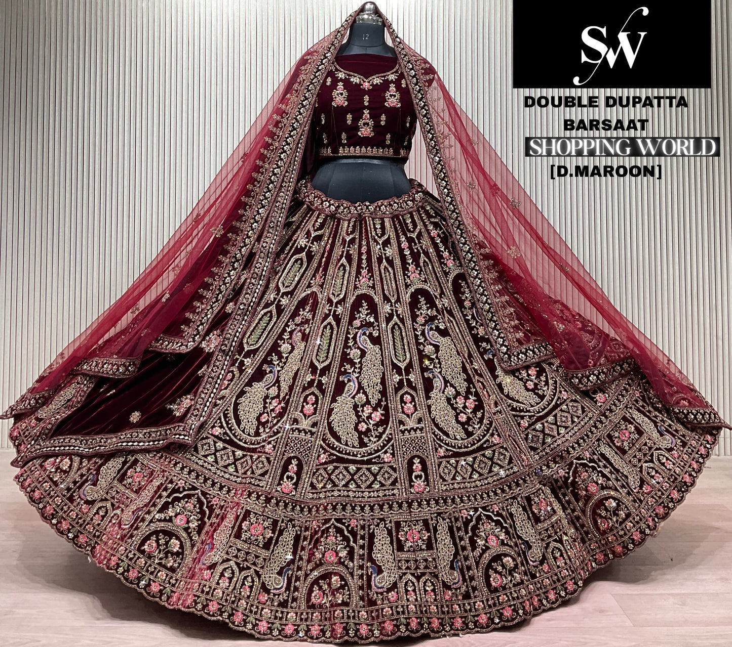 Dark Maroon Peacock Double Dupatta Bridal Lehenga