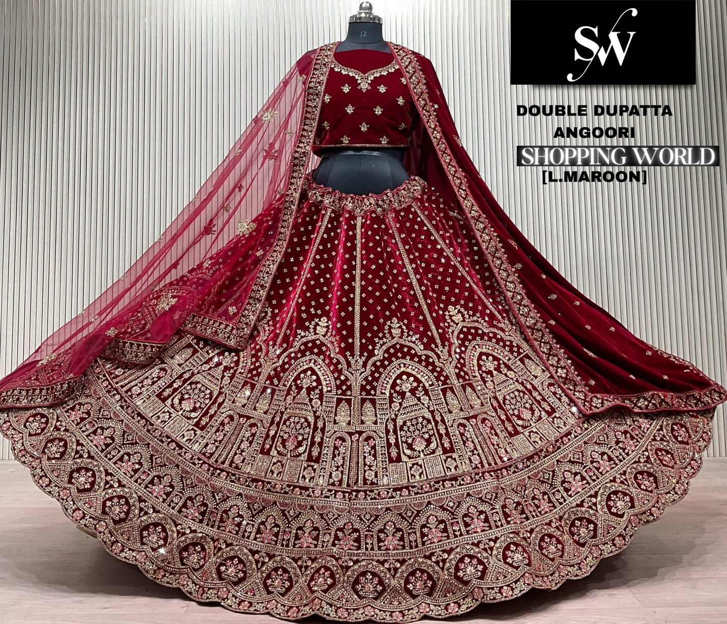 Light Maroon Double Dupatta Bridal Lehenga