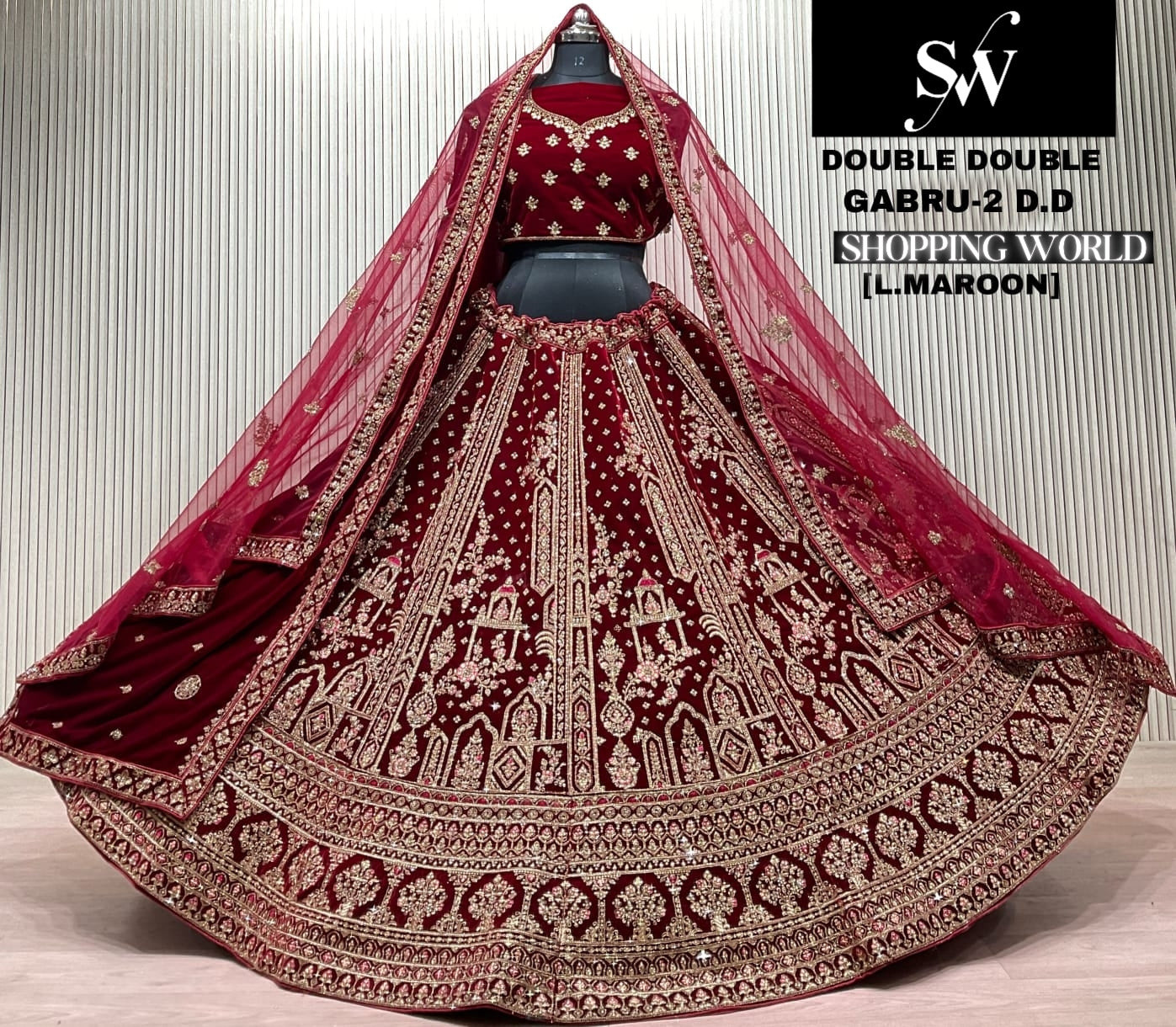 Light Maroon Double Dupatta Bridal Lehenga