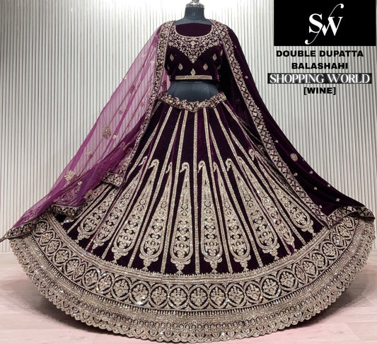 Wine Double Dupatta Bridal Lehenga