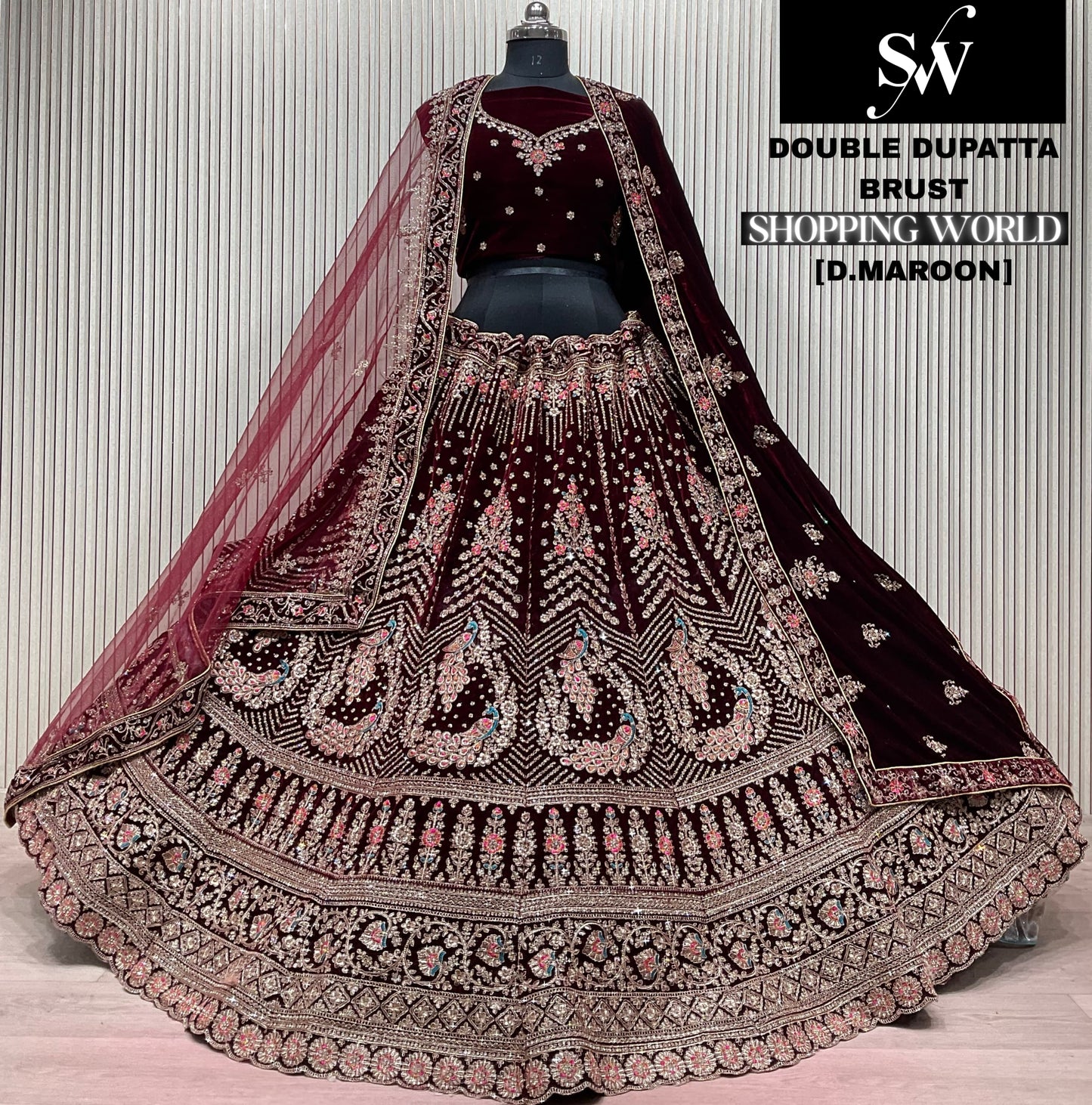Light Maroon Double Dupatta Bridal Lehenga