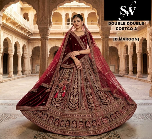 Dark Maroon Double Dupatta Bridal Lehenga