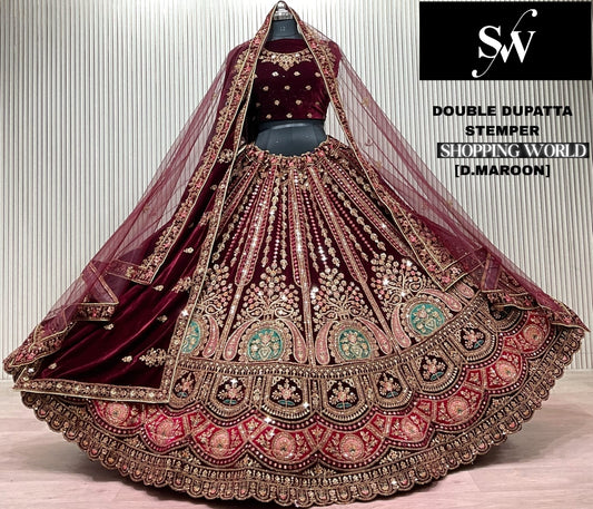 Dark Maroon Double Dupatta Bridal Lehenga