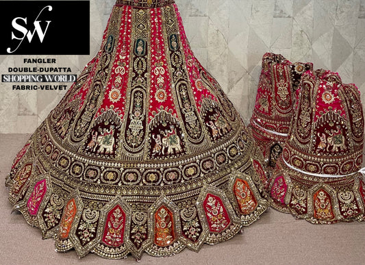 Maroon Doli Barat Velvet Double Dupatta Bridal Lehenga