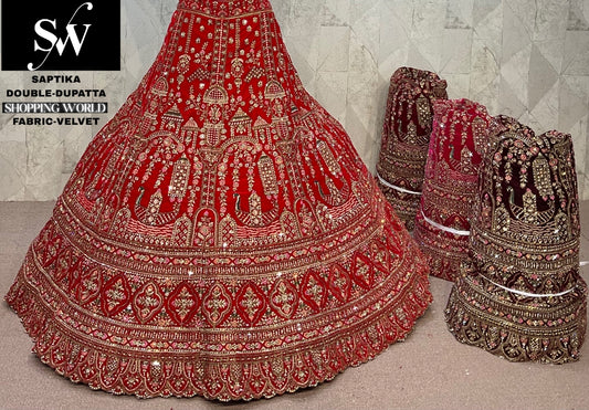 Rani pink Peacock Velvet Double Dupatta Bridal Lehenga