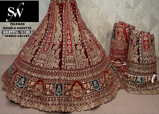 Maroon Peacock Velvet Double Dupatta Bridal Lehenga