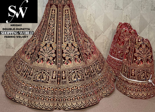Maroon Velvet Double Dupatta Bridal Lehenga