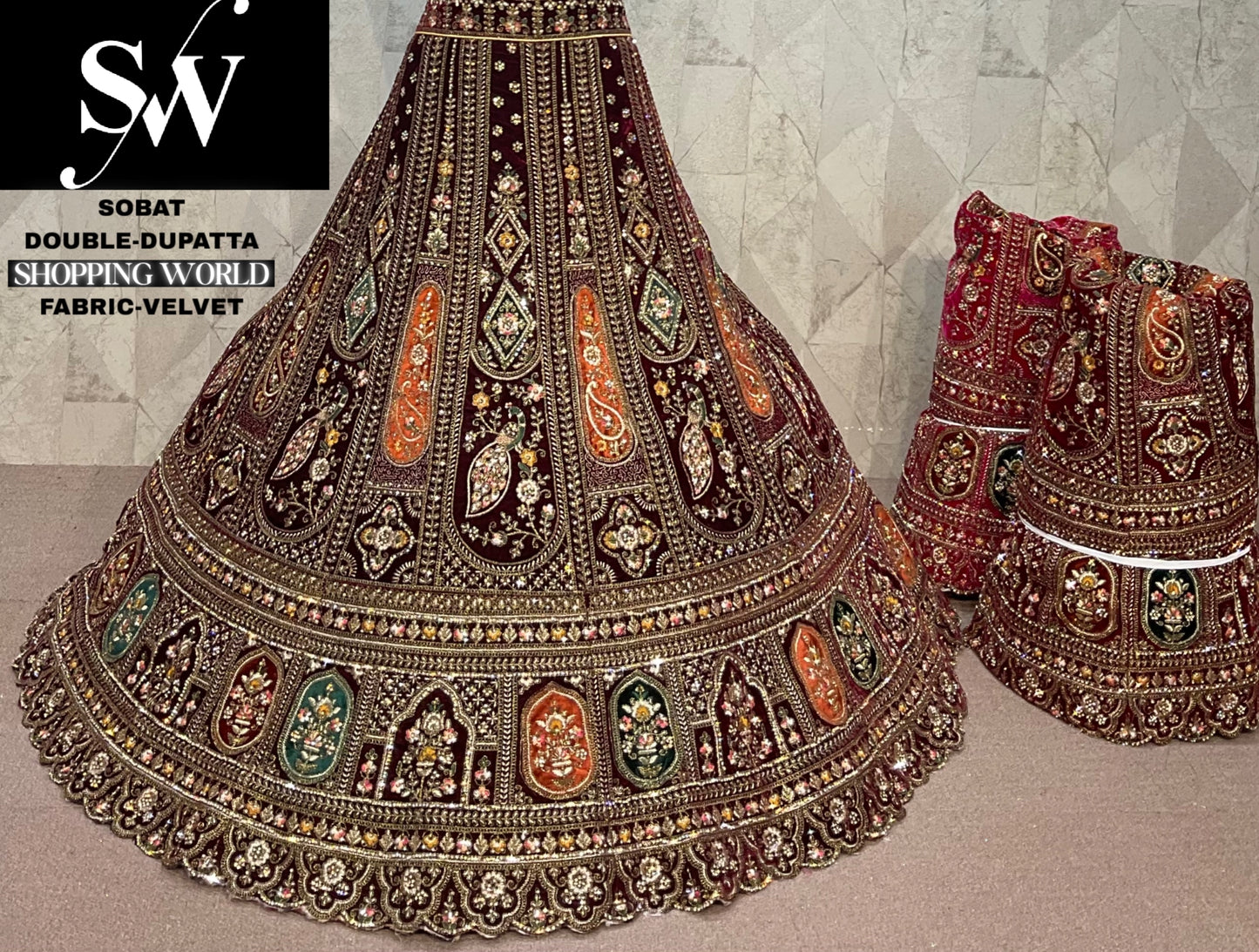 Maroon Velvet Double Dupatta Bridal Lehenga