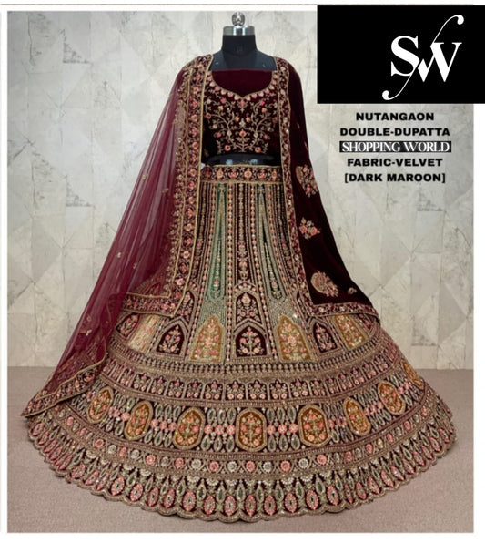 Dark Maroon Velvet Double Dupatta Bridal Lehenga