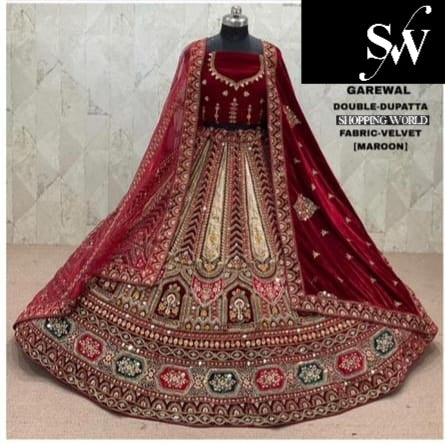 Maroon Velvet Double Dupatta Bridal Lehenga