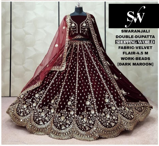 Dark Maroon Velvet Double Dupatta Bridal Lehenga