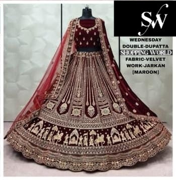 Maroon Doli Barat Double Dupatta Velvet Bridal Lehenga