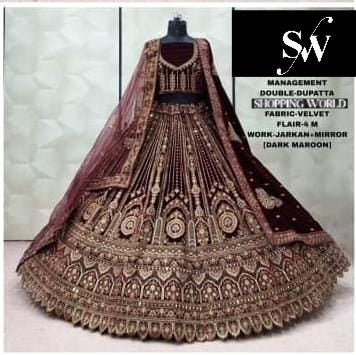 Dark Maroon Double Dupatta Velvet Bridal Lehenga