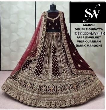 Dark Maroon Double Dupatta Velvet Bridal Lehenga
