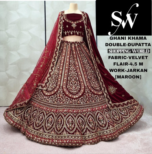 Maroon Double Dupatta Velvet Bridal Lehenga