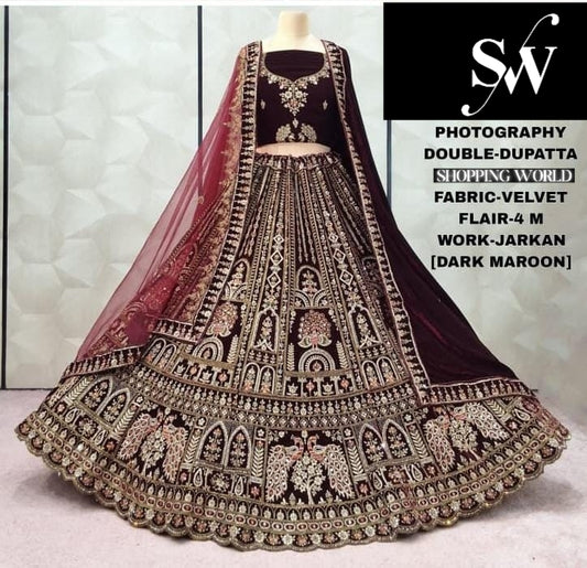 Dark Maroon Peacock Double Dupatta Velvet Bridal Lehenga