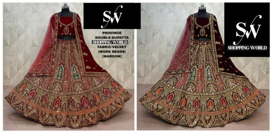 Dark Maroon Maroon Peacock Double Dupatta Velvet Bridal Lehenga