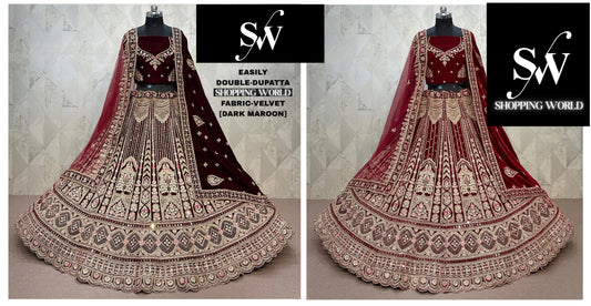 Dark Maroon Maroon Peacock Double Dupatta Velvet Bridal Lehenga