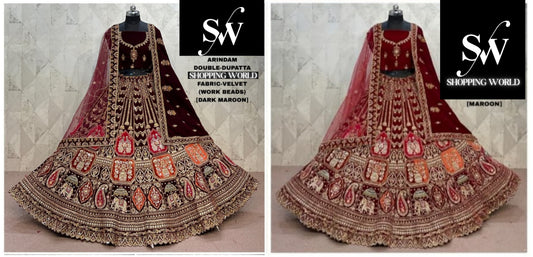 Dark Maroon Maroon Peacock Double Dupatta Velvet Bridal Lehenga