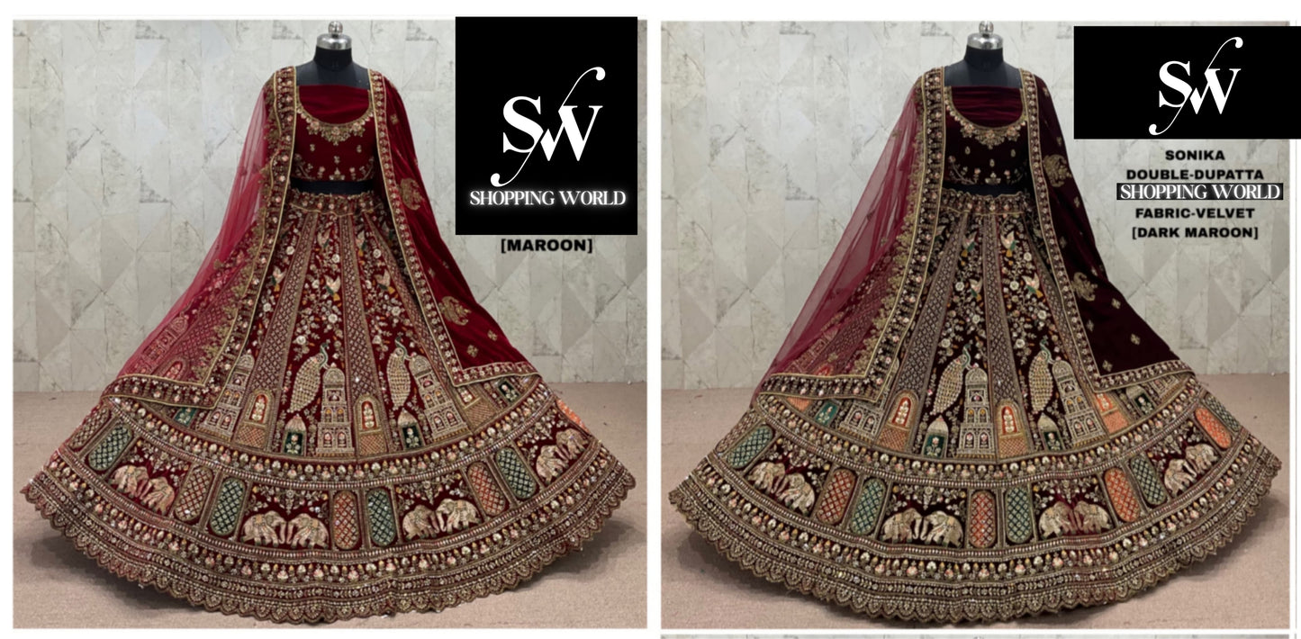 Dark Maroon Maroon Peacock Double Dupatta Velvet Bridal Lehenga