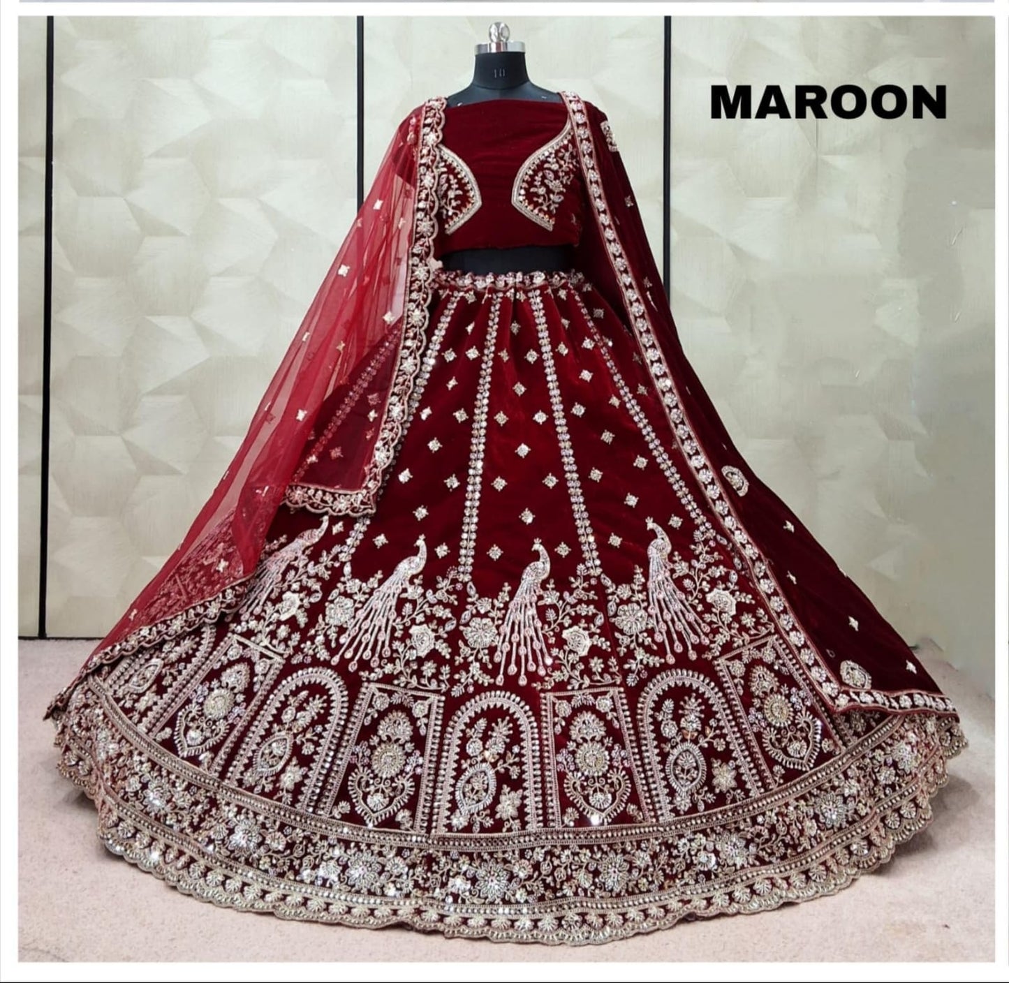 Maroon Peacock Double Dupatta Velvet Bridal Lehenga