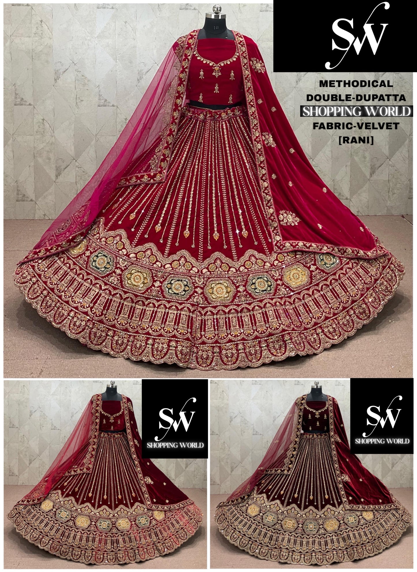 Rani pink Maroon Dark Maroon Double Dupatta Velvet Bridal Lehenga