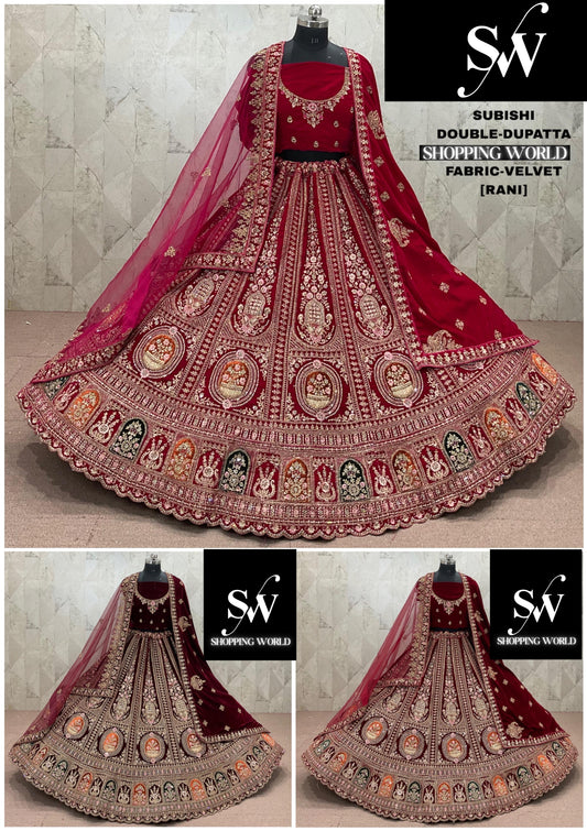 Rani pink Maroon Dark Maroon Double Dupatta Velvet Bridal Lehenga